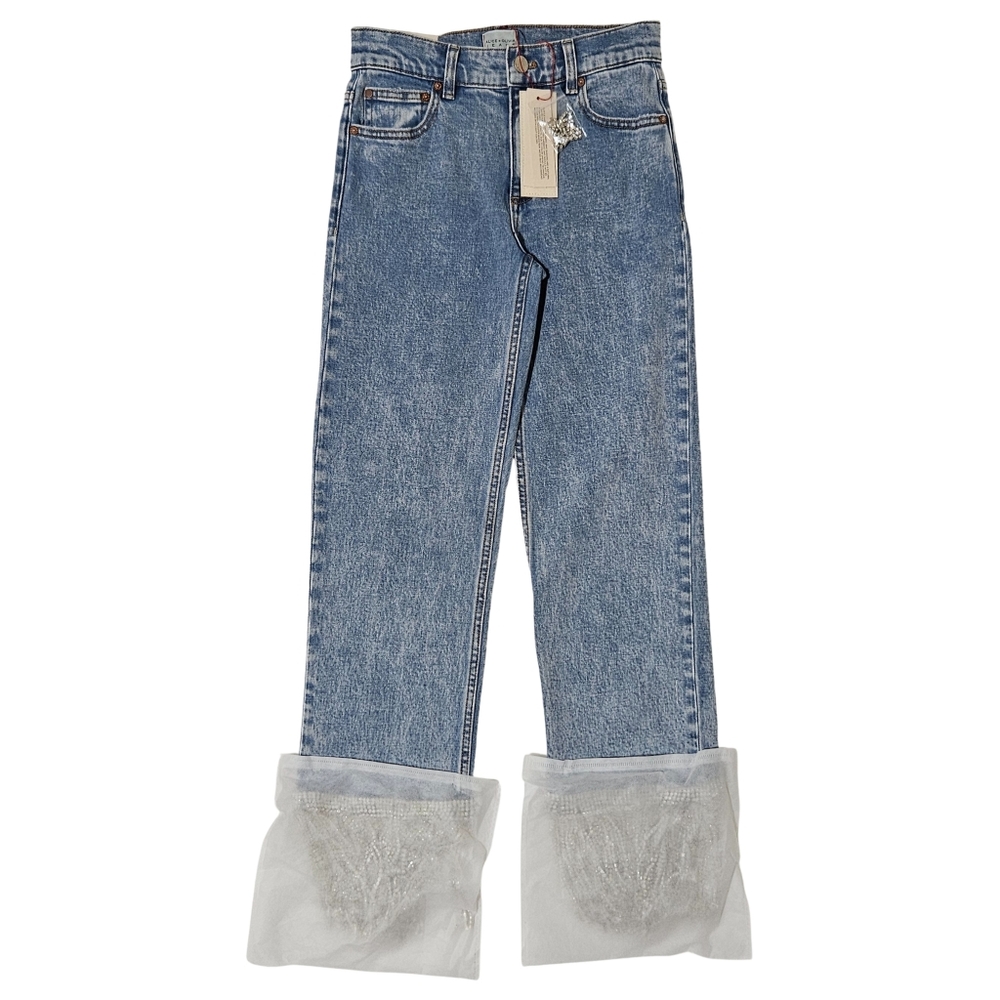 Alice + Olivia Amazing Crystal Embellished Jeans 24 Boyfriend Lightning Blue NWT